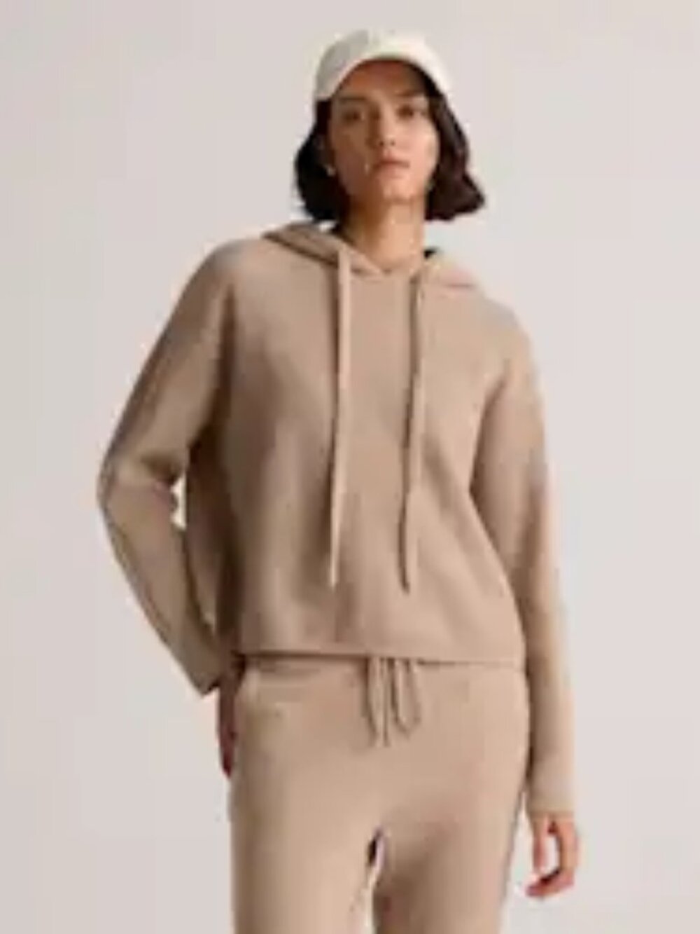100% Cashmere Women's Cozy Hooded Crop Sweater in Taupe